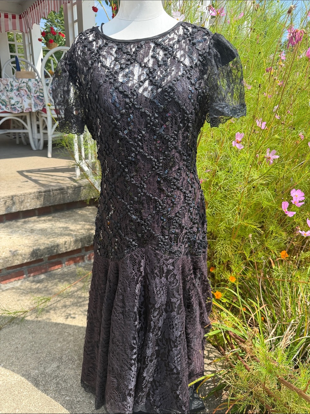 VTG Shuet Young 80s Drop Waist Lace & Sequin Evening Dress